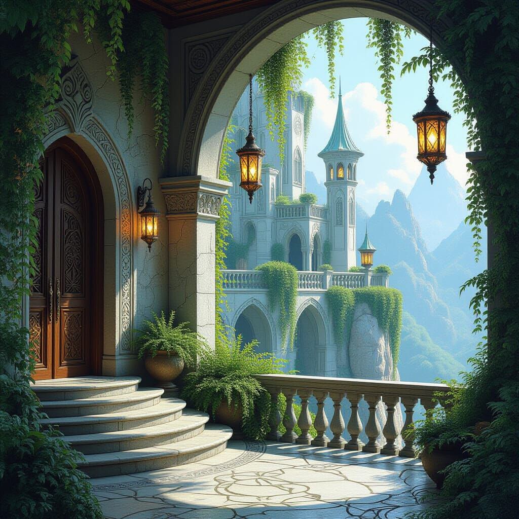 Majestic Elven Terrace with Stone Carvings