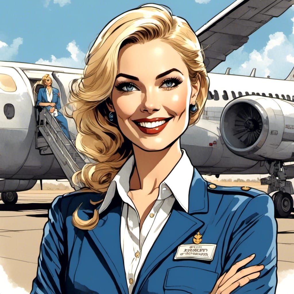 Cartoon Flight Attendant in Watercolor Style