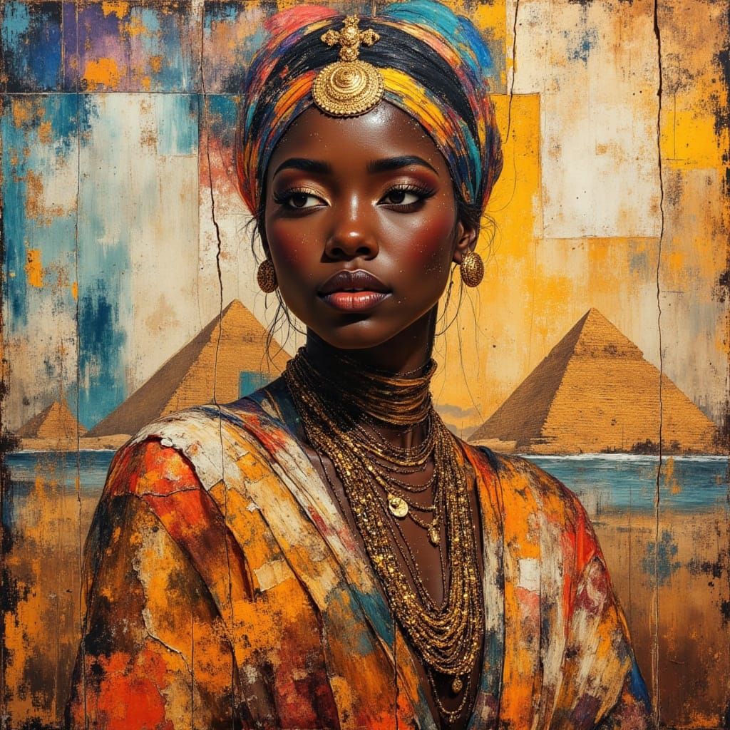 African Egyptian Goddess in Collage Oil Painting