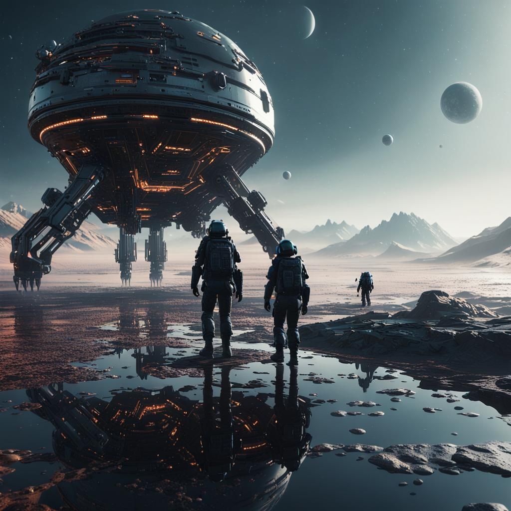 Sci-Fi Planet with Figures and Shining Horizons