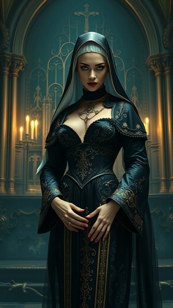 Seductive Sacripunk Nun Against Dark Gothic Altar