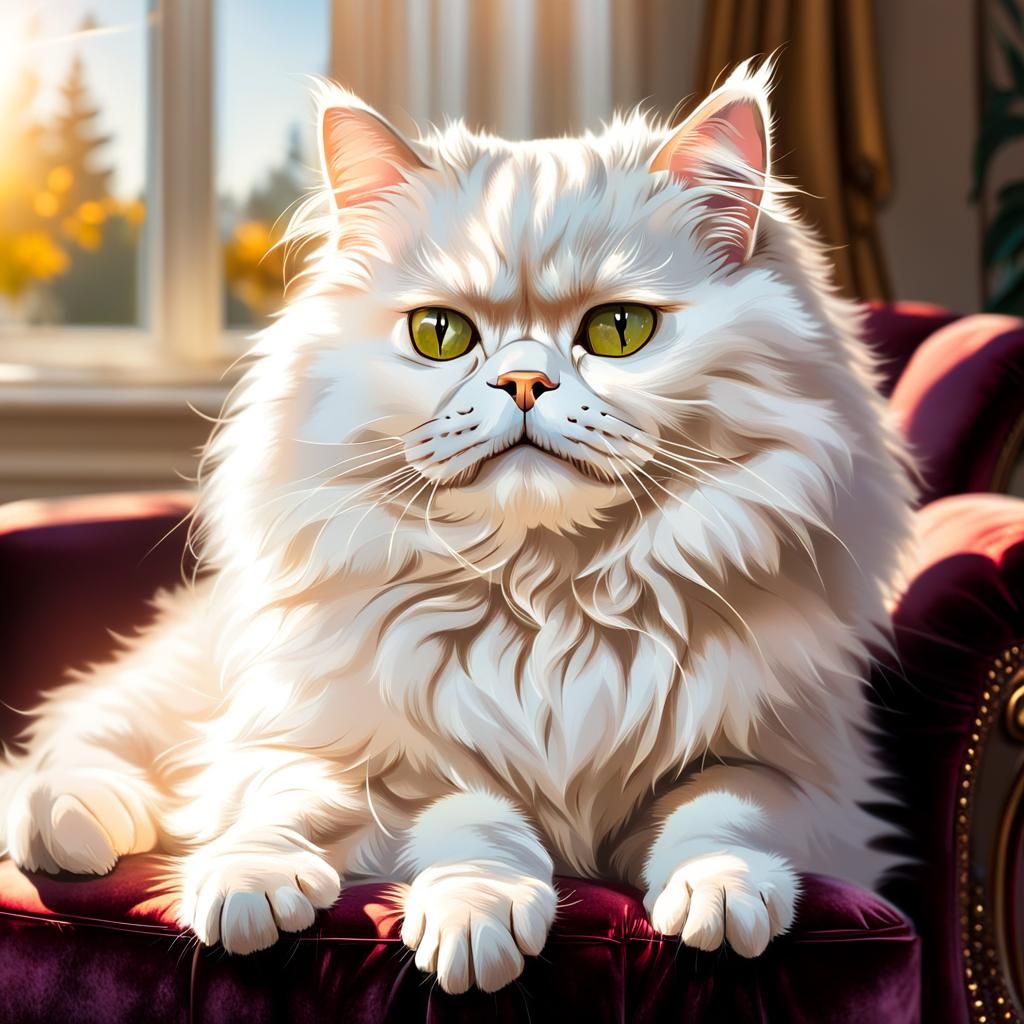 A fluffy white Persian cat lounging on a luxurious velvet armchair