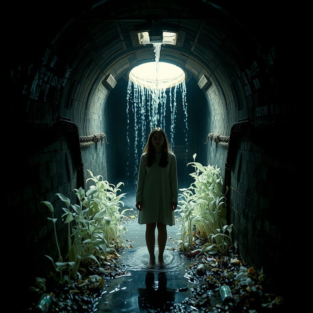 Underground Sewer Chamber with Bioluminescent Plants