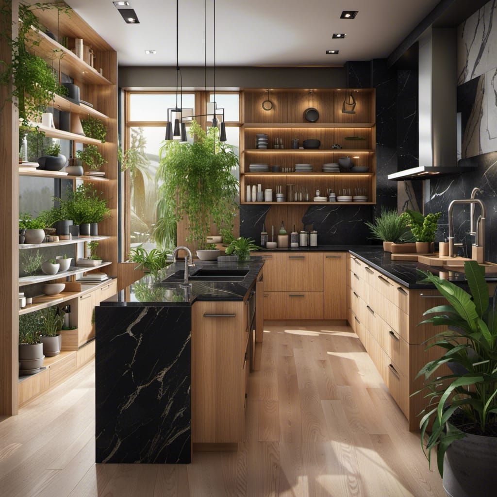 Modern Kitchen Interior with Timber and Marble