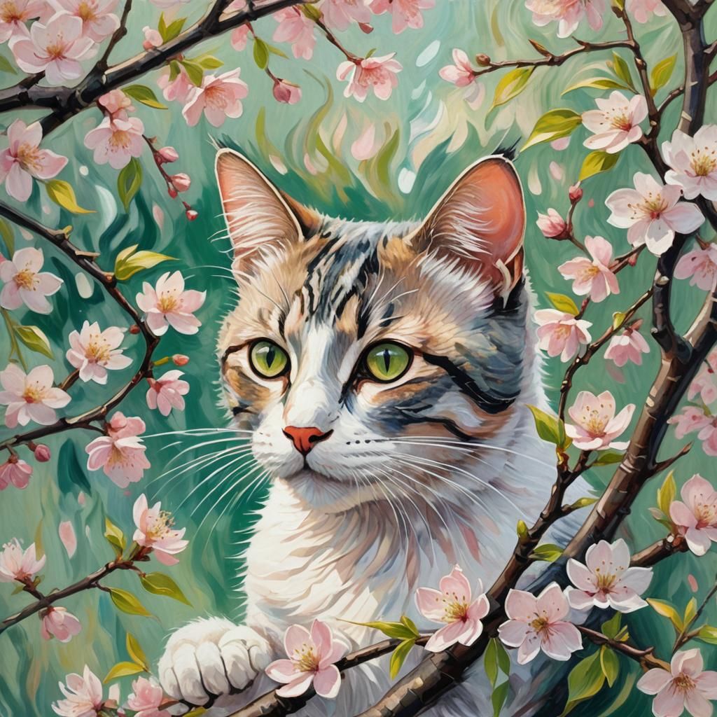 Cat in Cherry Blossoms: An Impressionist Dream
