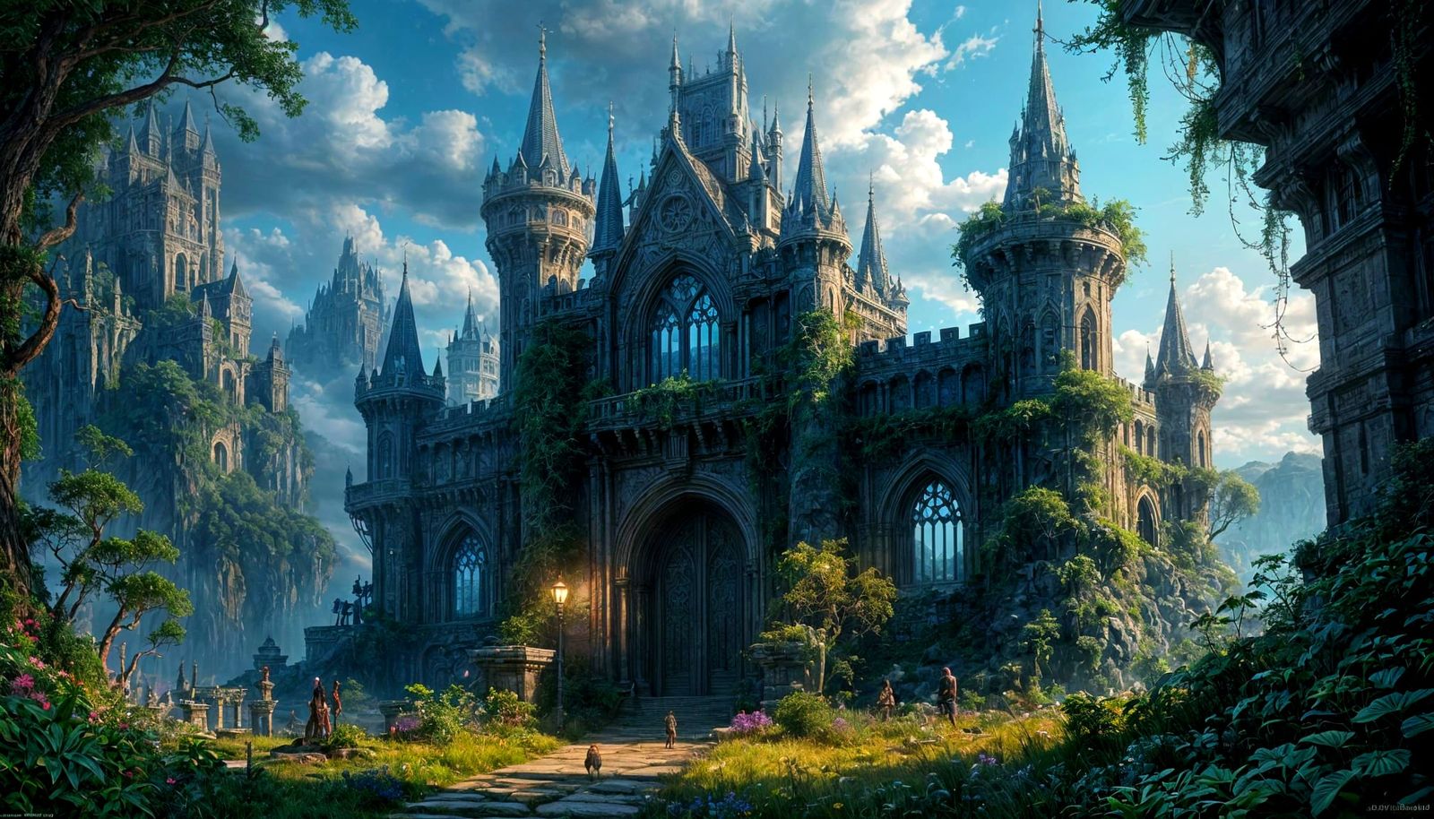 Ancient Castle With Bioluminescent Flora and Ethereal Light