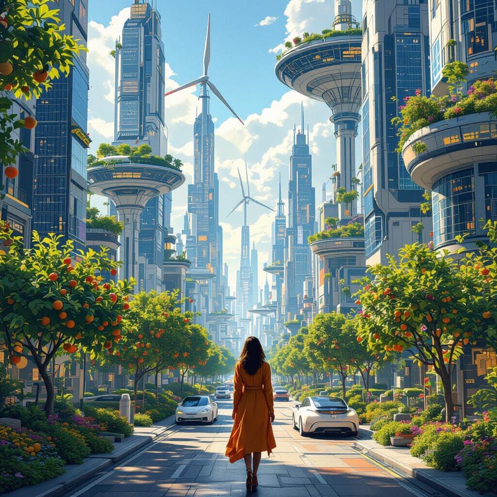 Futuristic City Oasis: Woman Amidst Eco-Skyscrapers