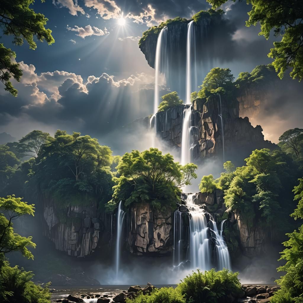 Luminescent Waterfall Under Moonlight at Night