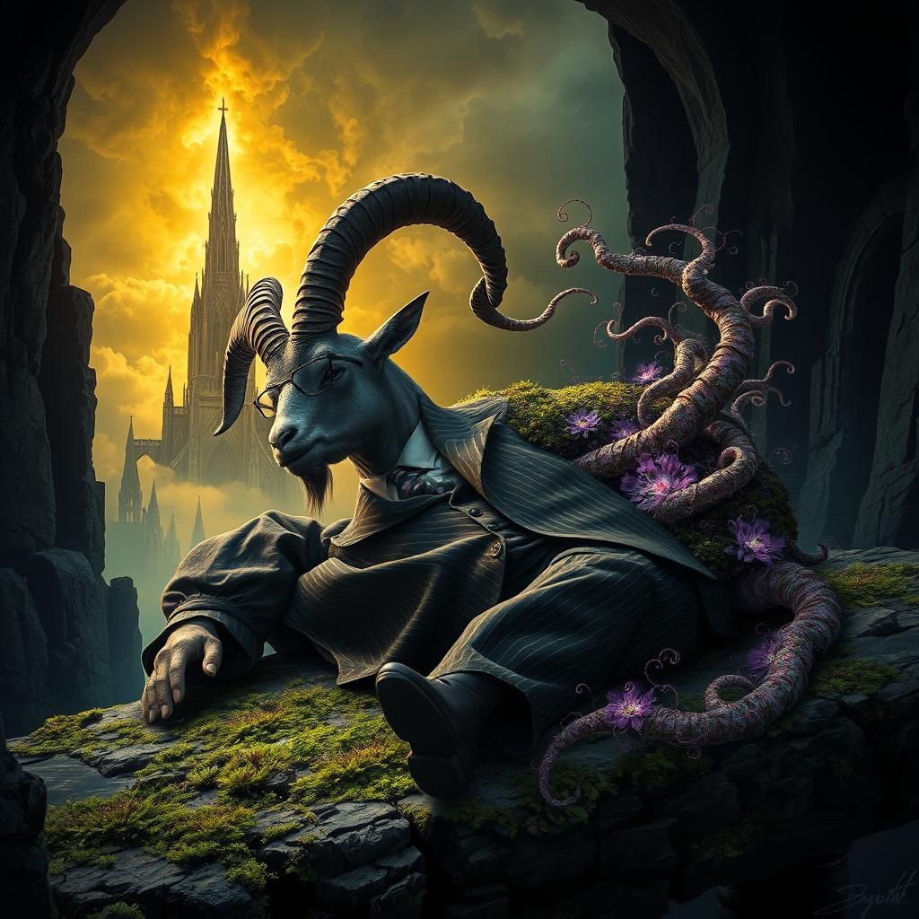 Nightmarish Goat Dreamscape in Art Nouveau Style
