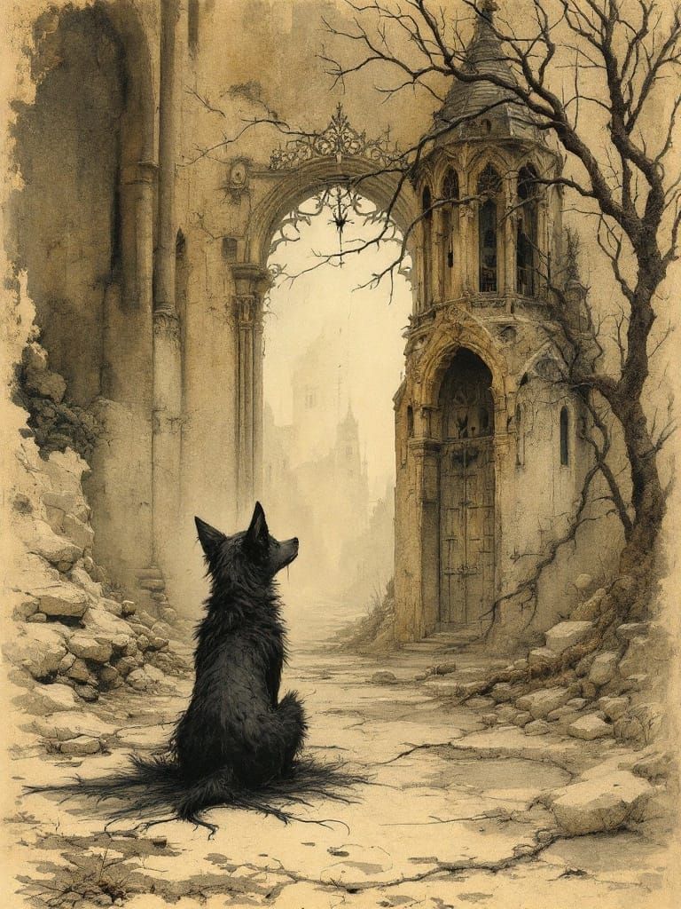 Melancholic Dog in Victorian Gothic Style