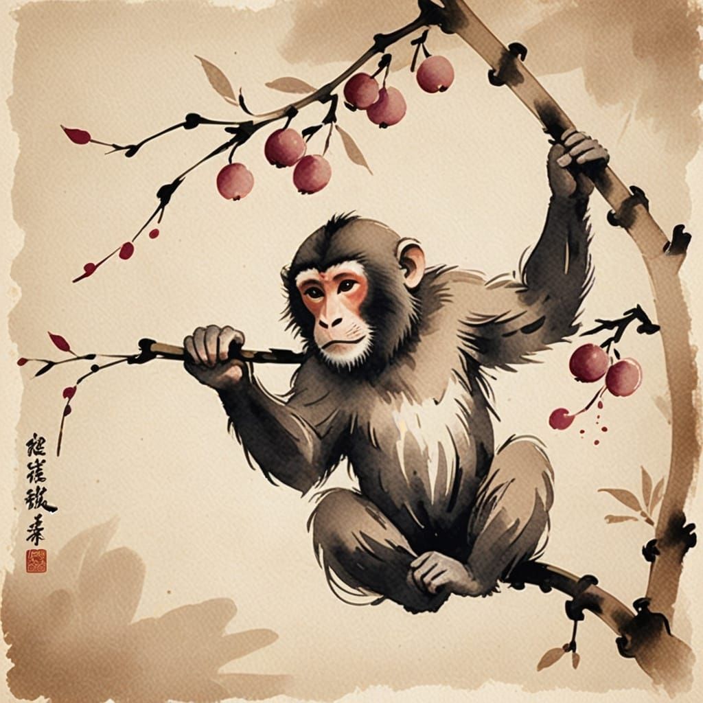 Monkey Holds Plum in Elegant Calligraphy Style