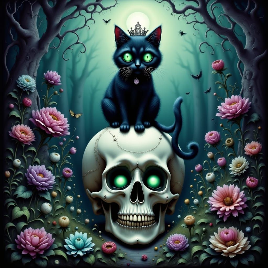 Black Cat on Skull with Flowers in Burton Style