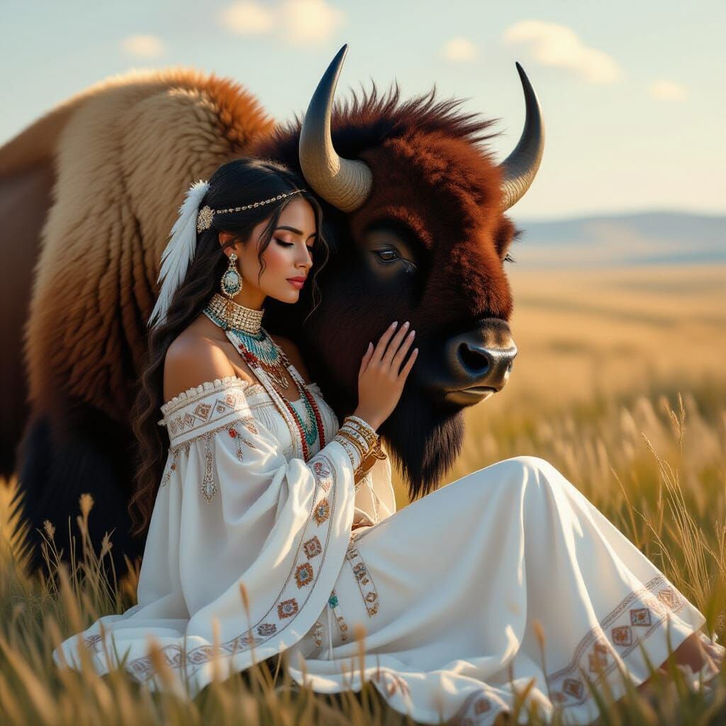 Prairie Woman Caressing Bison in Ethereal Light