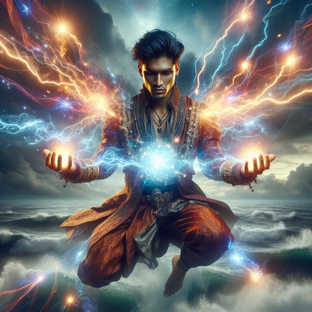 Sorcerer Levitates Above Turbulent Ocean with Radiant Lightn...