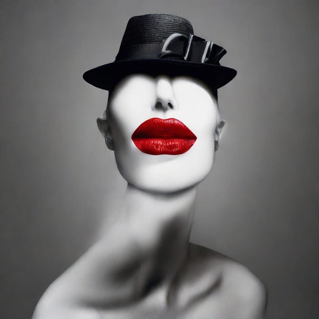 Monochrome Op Art Portrait with Vivid Red Lips