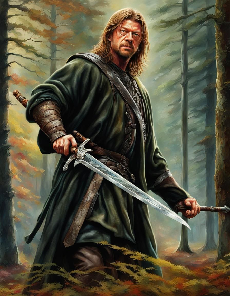 Boromir in Woods: Hyperrealistic Splash Art