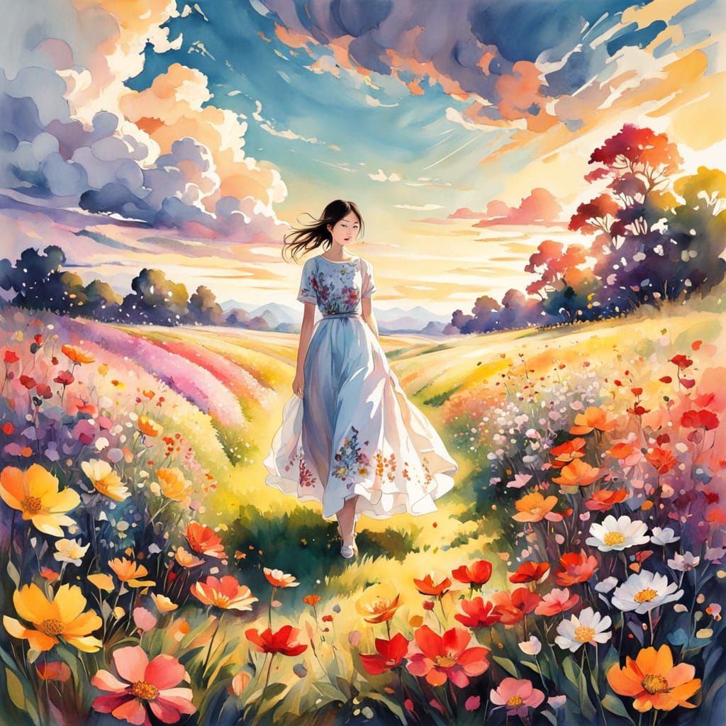 Asian Man in Flowery Meadow at Sunset, Watercolor Style