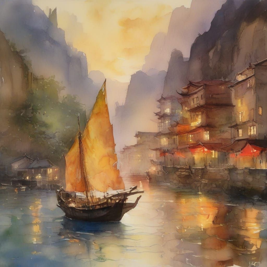 Traditional Chinese Junk in Sunset Harbor