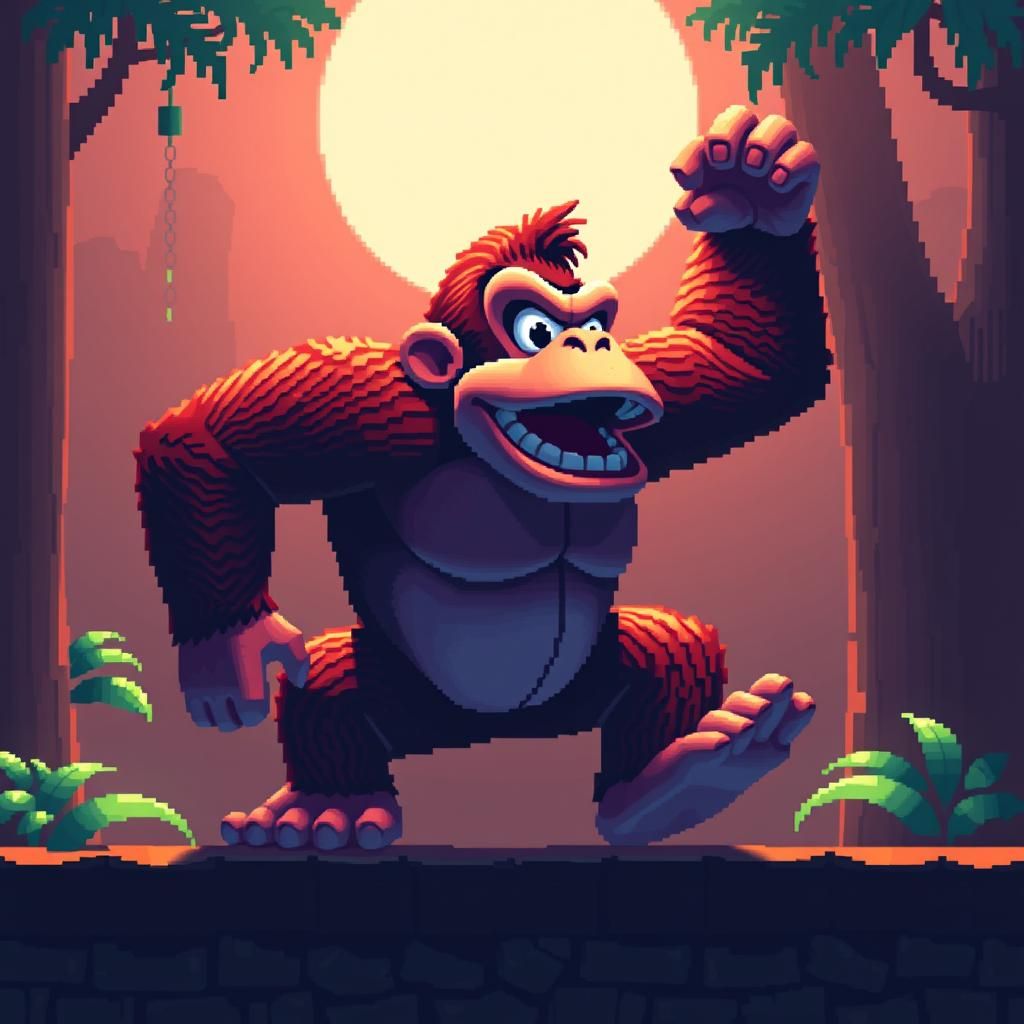 Retro Pixel Art Donkey Kong Video Game Scene