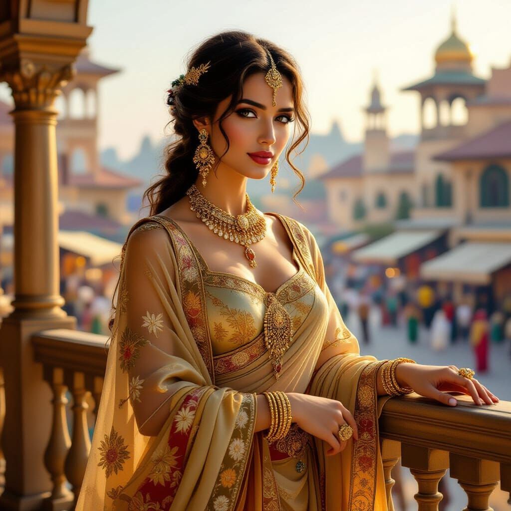 Regal Woman in Silks Overlooking Marketplace