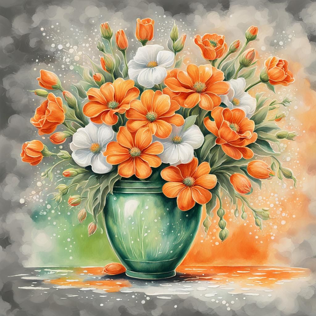 Vase of Flowers in Chalk and Watercolor Style