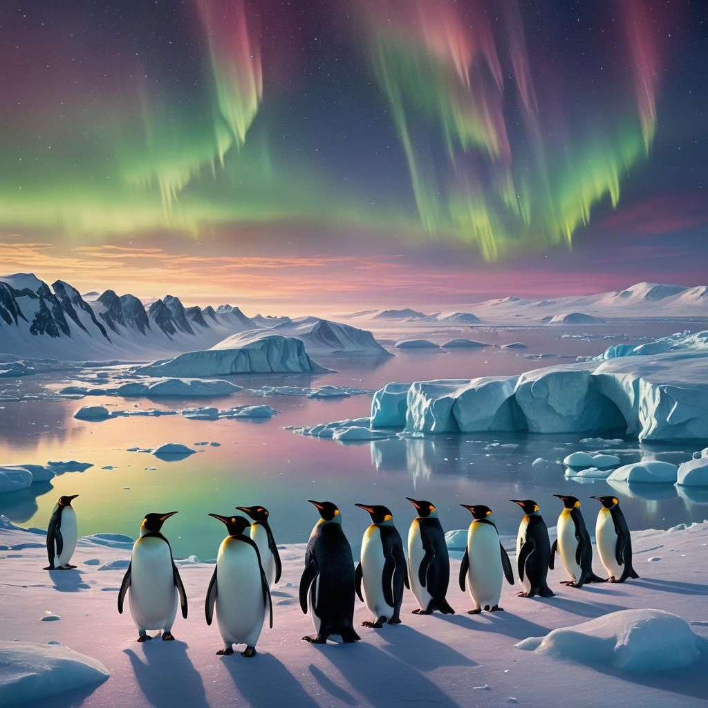 Penguin Guardians of Antarctica Under Aurora Australis