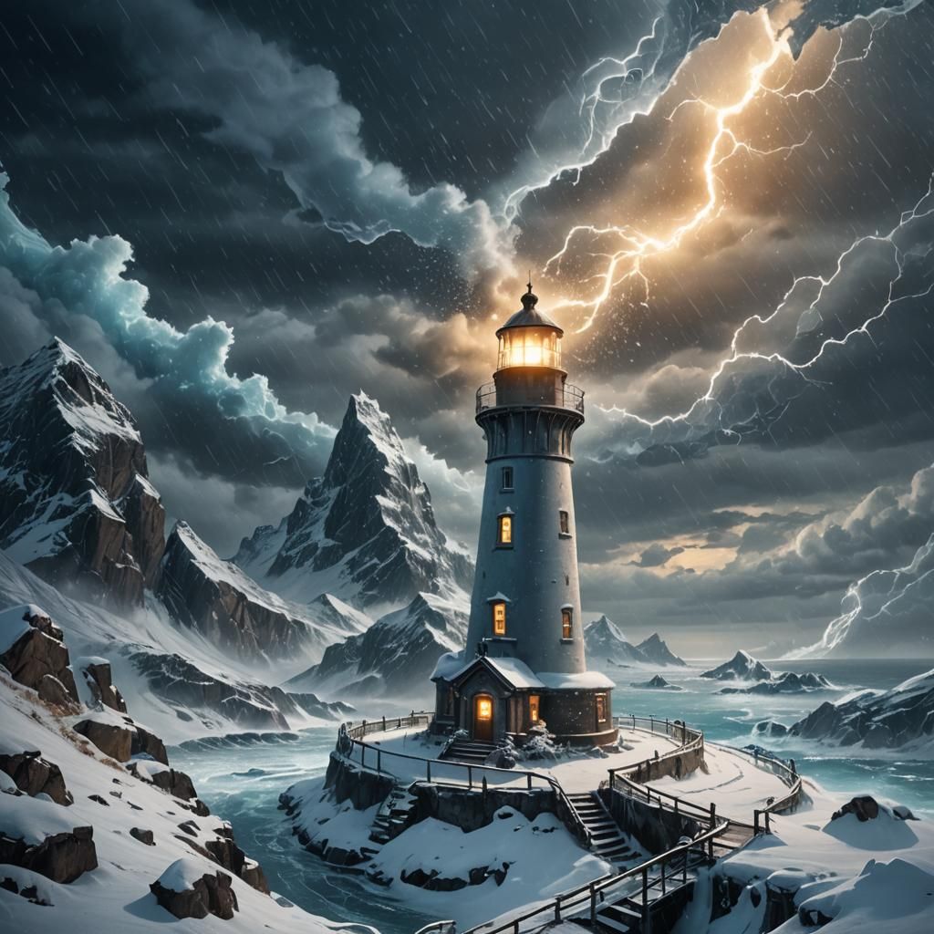 Lighthouse in Winter Storm: Mystical Art Deco Fantasy