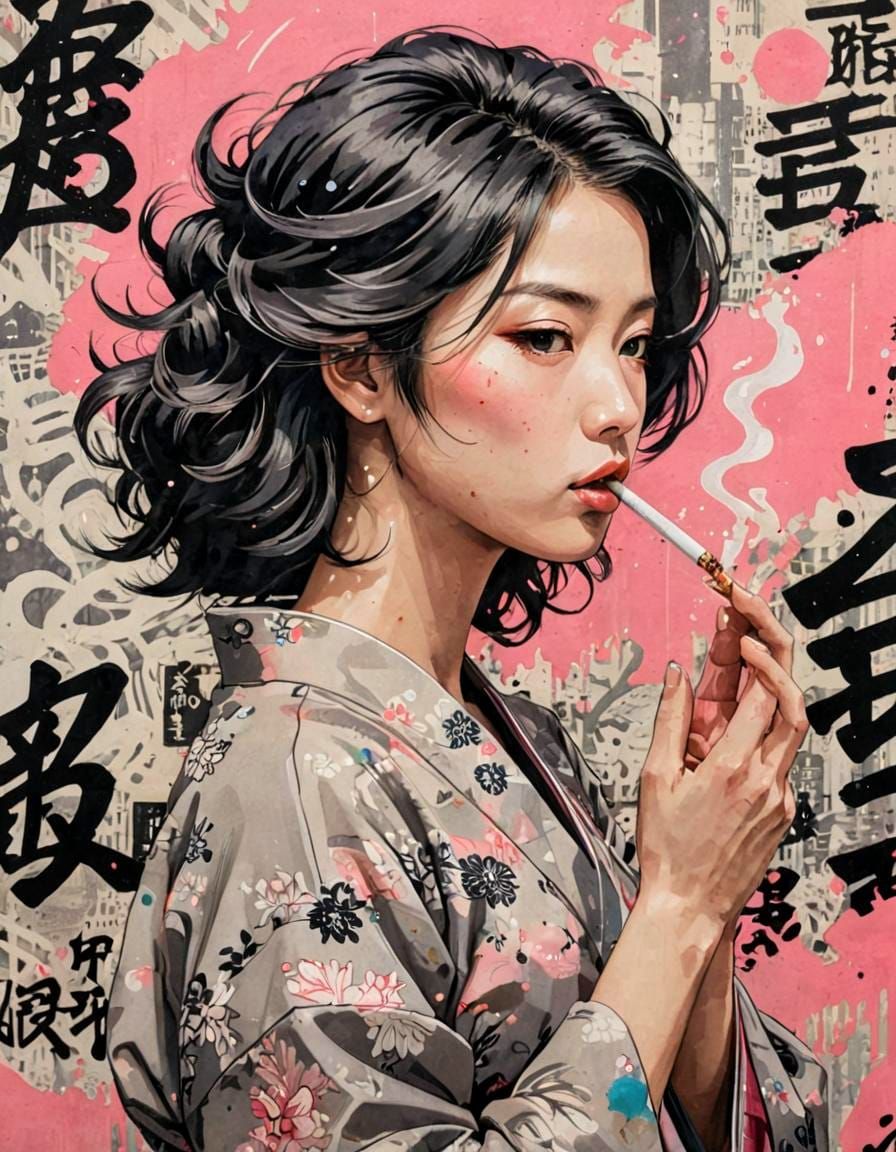 Ukiyo-e Woman with Graffiti in Monochromatic Tones