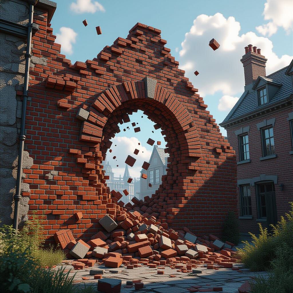 Exploding Brick Facade in Detailed Matte Painting Style