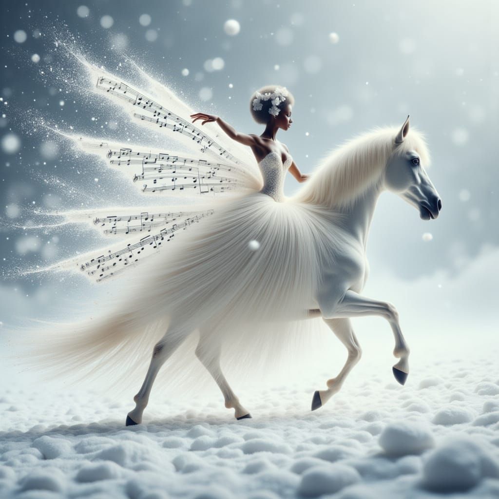 Elf Riding White Pony in Snowy Landscape