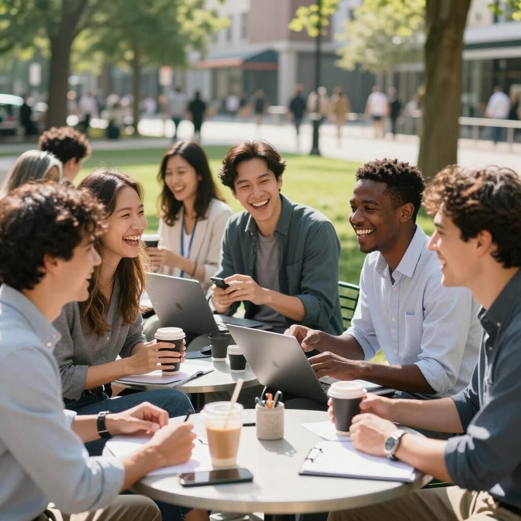 Office Friends Enjoying Sunny Outdoor Lunch Break