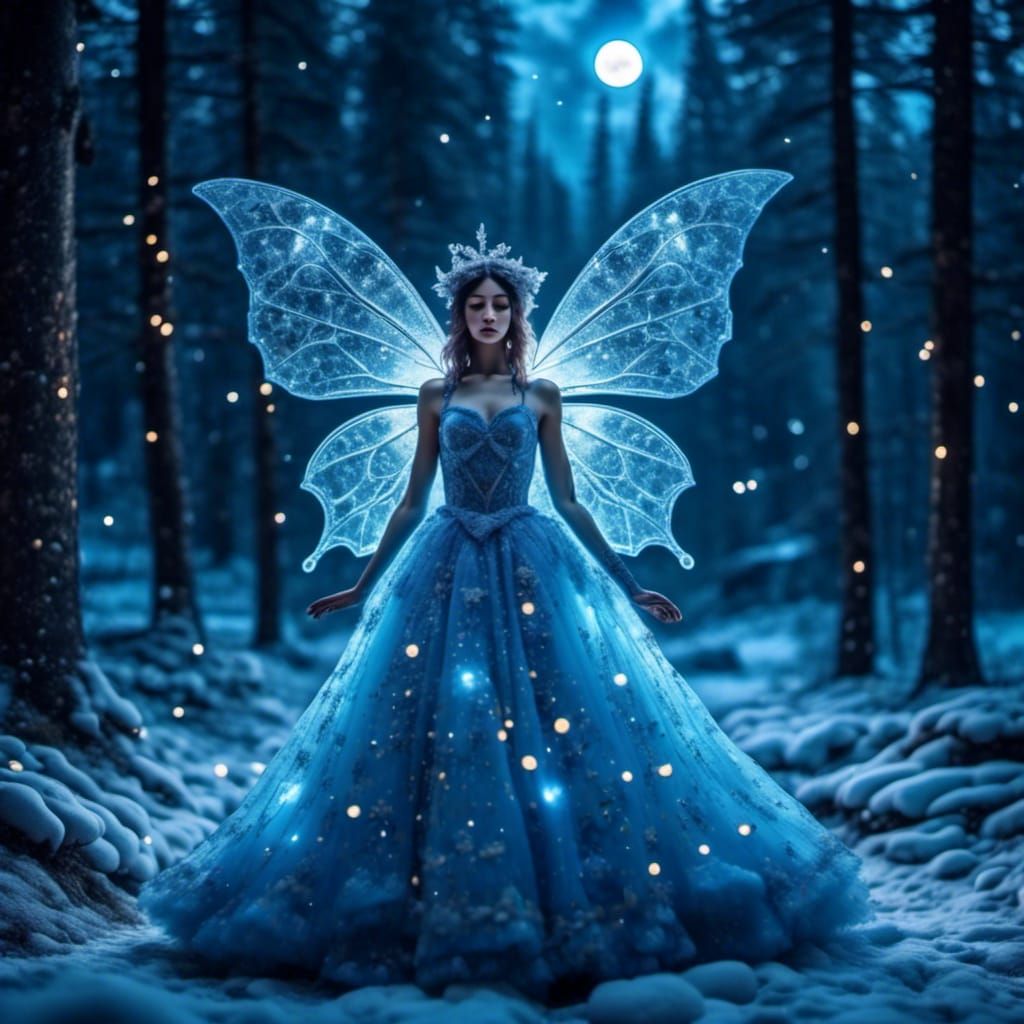 Snow Fairy in Snowy Forest, Ethereal Fairycore Style