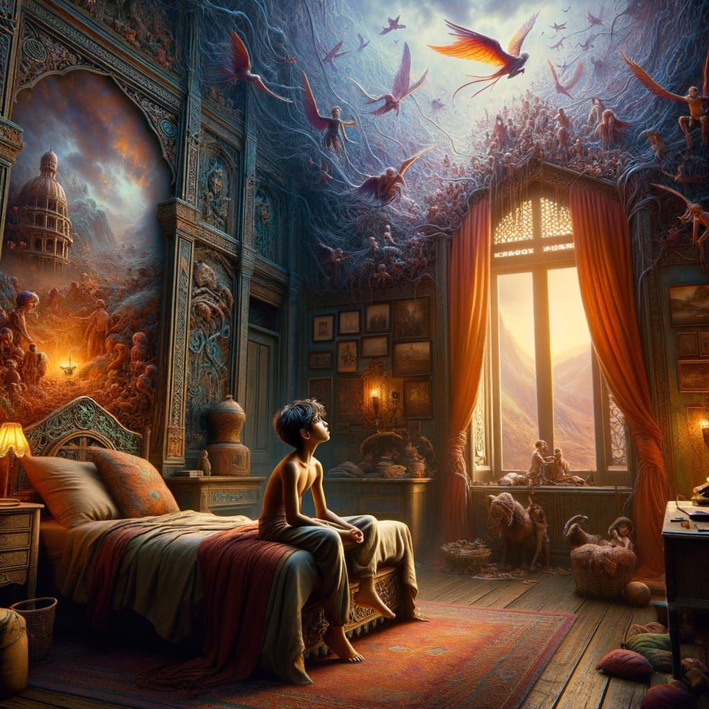 Realistic Boy Pensive on Bed in Decorated Room