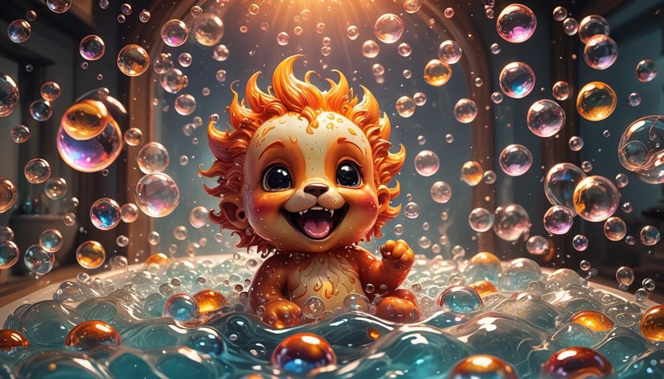 Joyful Flame in Bubble Bath: 3D Digital Art