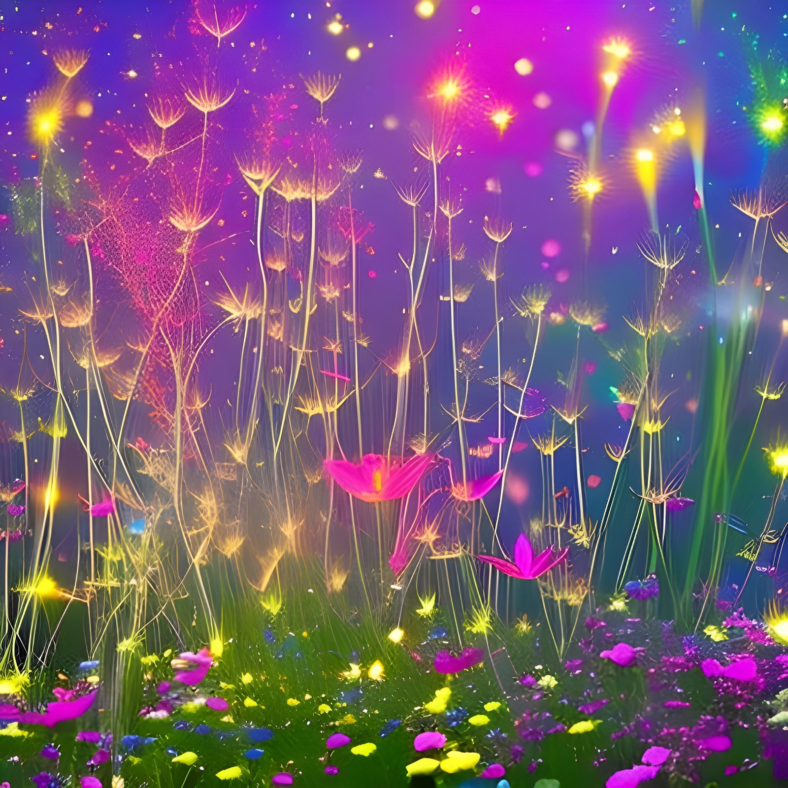 Neon Fairy Over Wildflowers at Night
