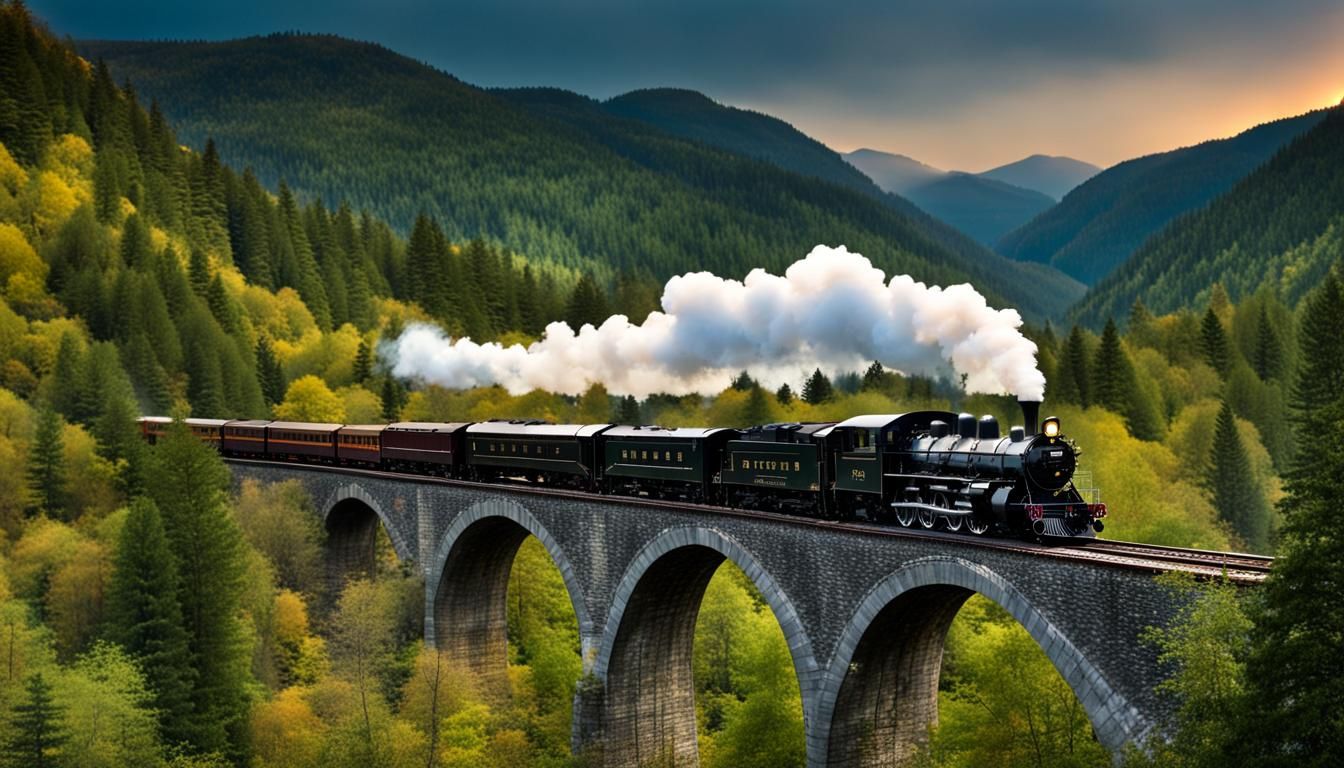 Steam Train Over Stone Bridge at Night