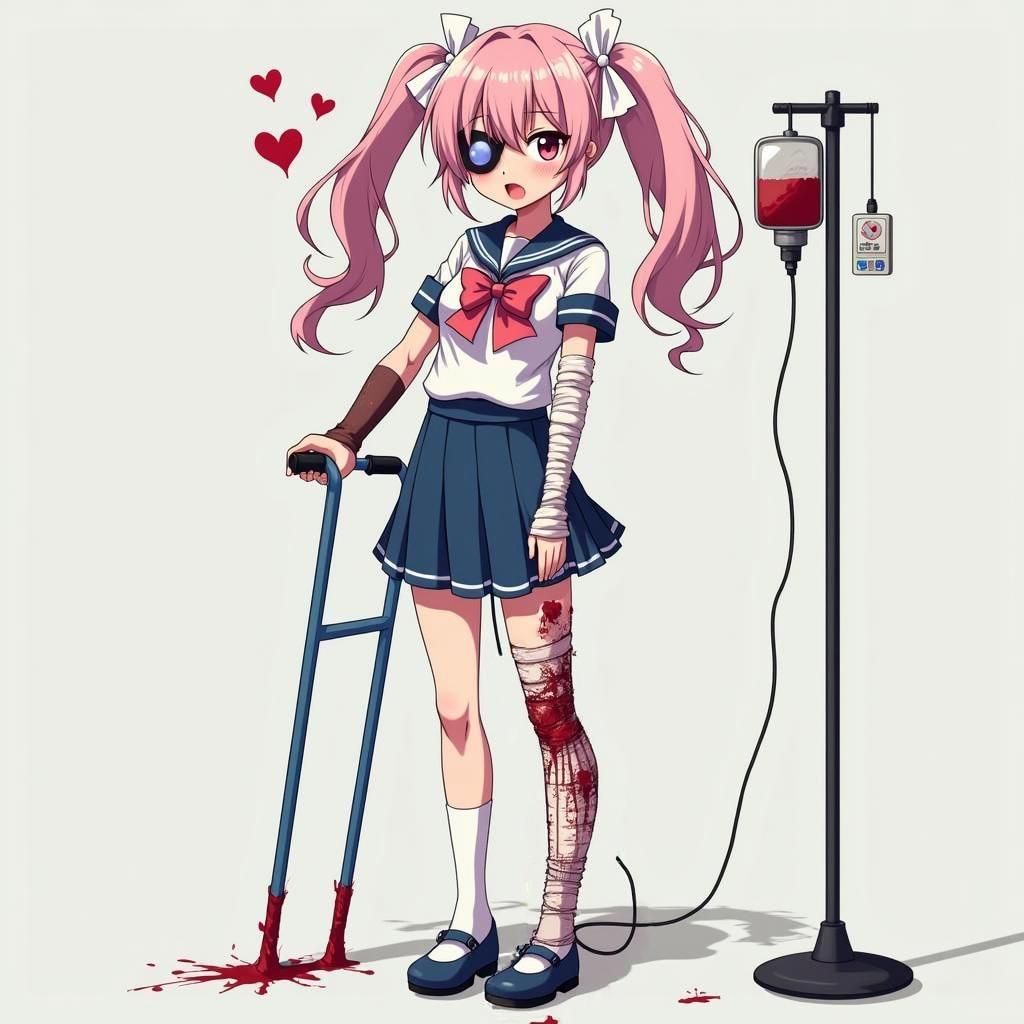 Wounded Anime Schoolgirl with IV Pole