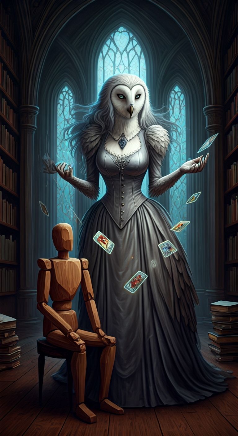 Owl-Woman Reads Tarot in Gothic Library, Mystical Digital Ar...