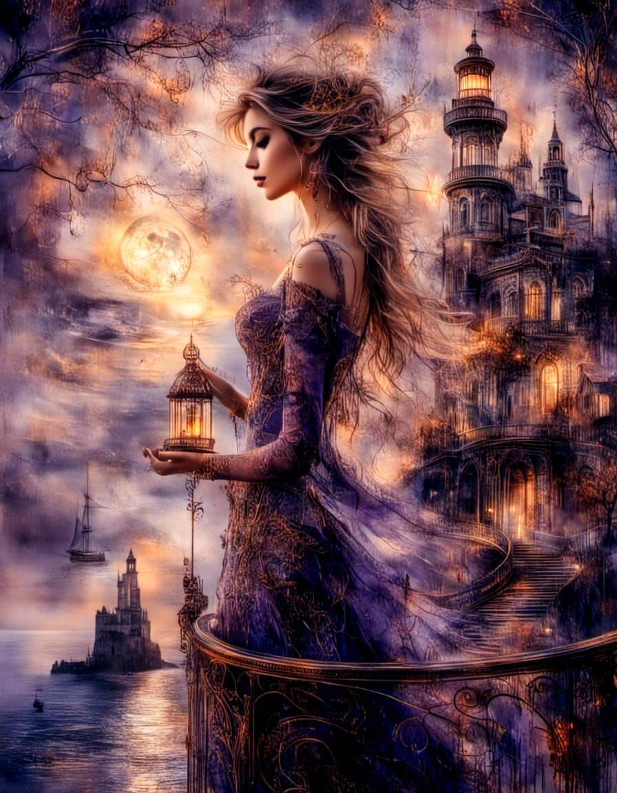 Romantic Portrait Overlooking Lighthouse in Pre-Raphaelite S...