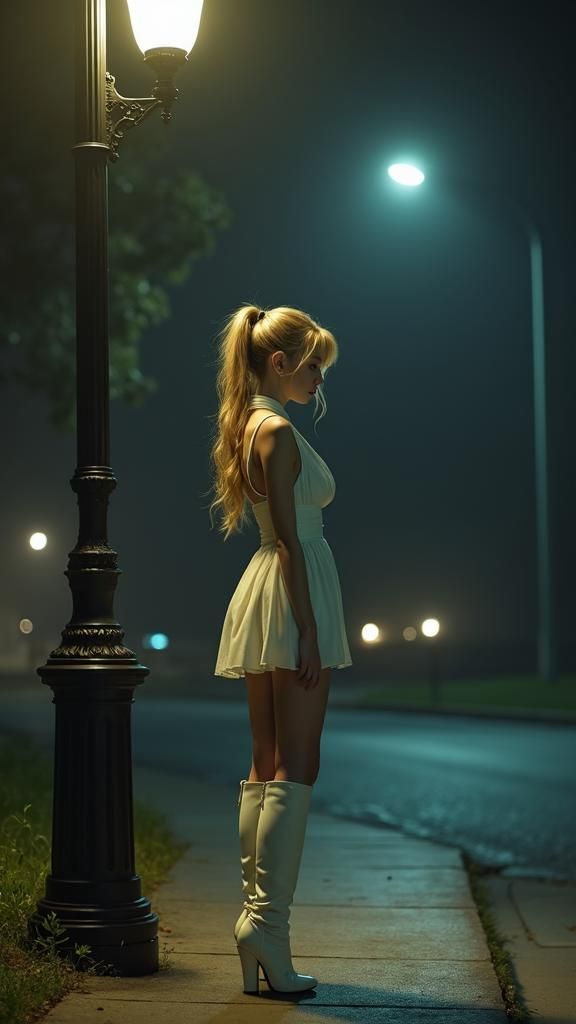 Woman in White Dress on Dimly Lit Street