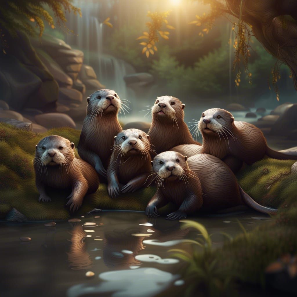 Happy Otters Playing by a Stream: Digital Painting
