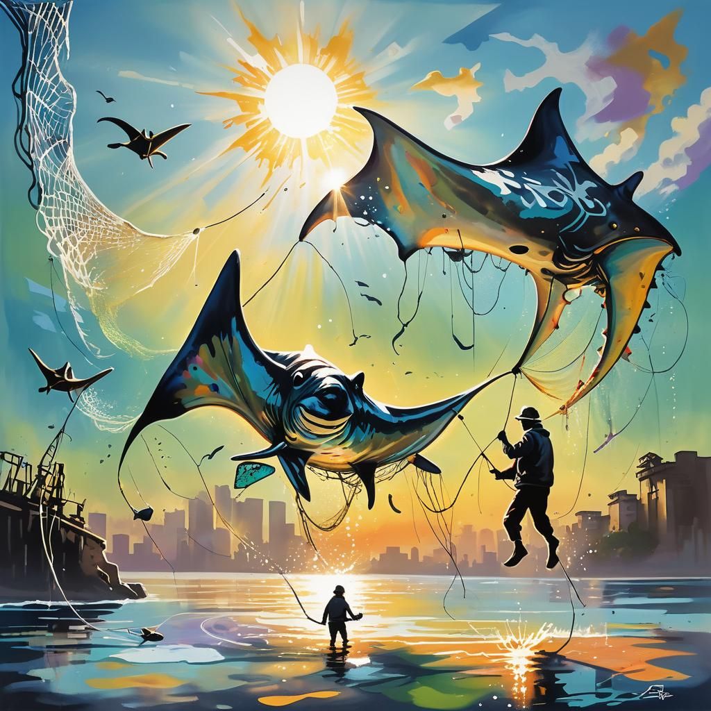 Manta Ray Caught in Street Art Style