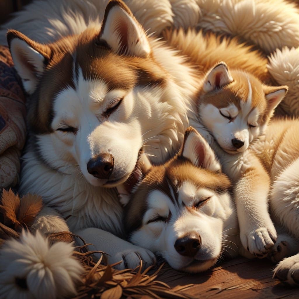 Sleeping Husky Family in Photorealistic Digital Art