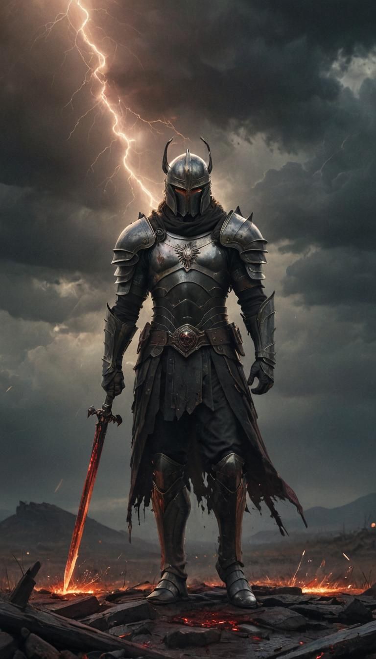 Divine Warrior Stands Alone on Battlefield as Oil Painting