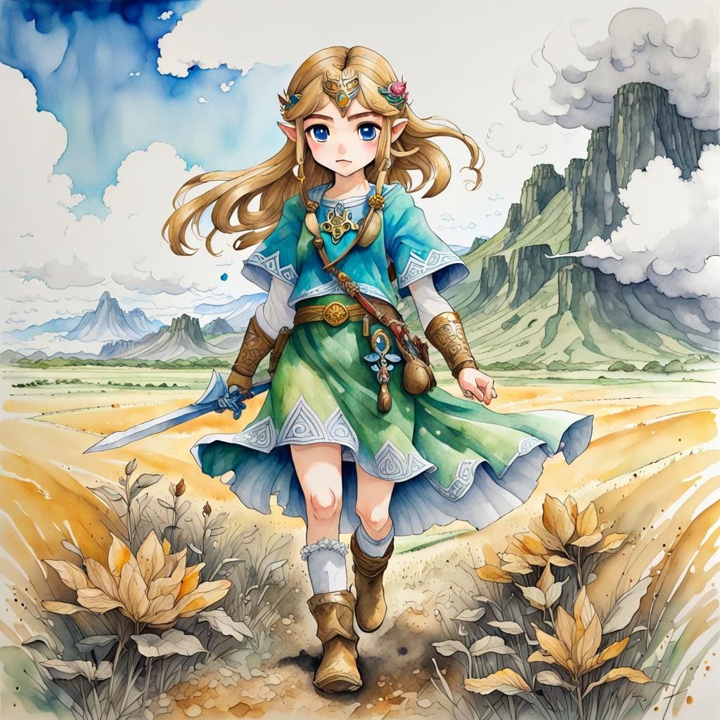 Cute Zelda Portrait in Manga Watercolor Style