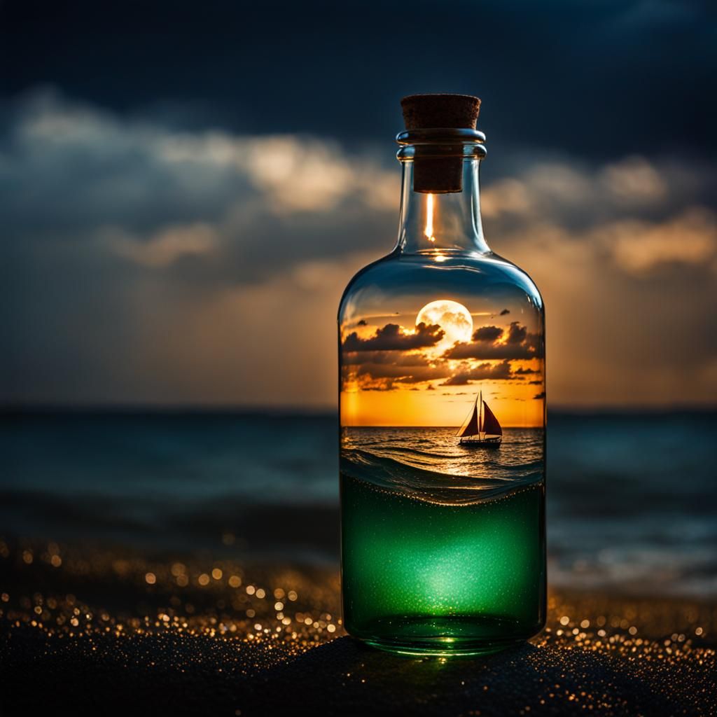 Glass Bottle Sails on Stormy Sea: Photography
