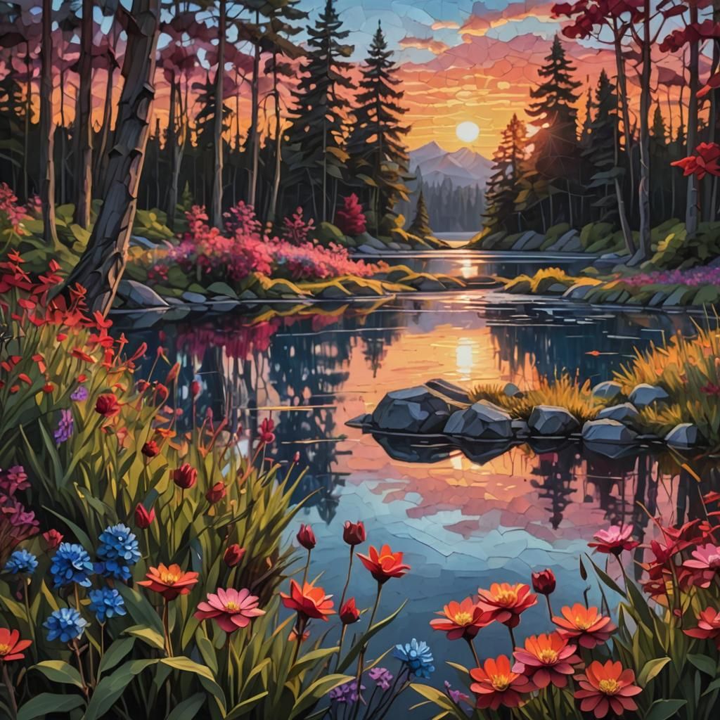 Reflective Lake with Sunset in Low-Poly Style