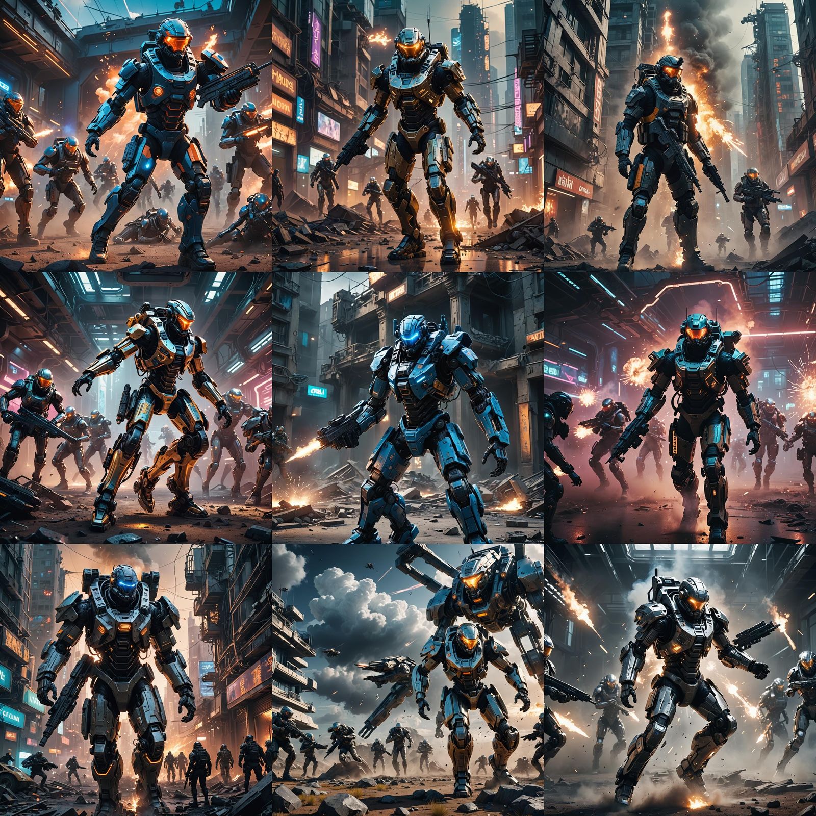 Futuristic Soldier in Exoskeleton Attacking AI Troops