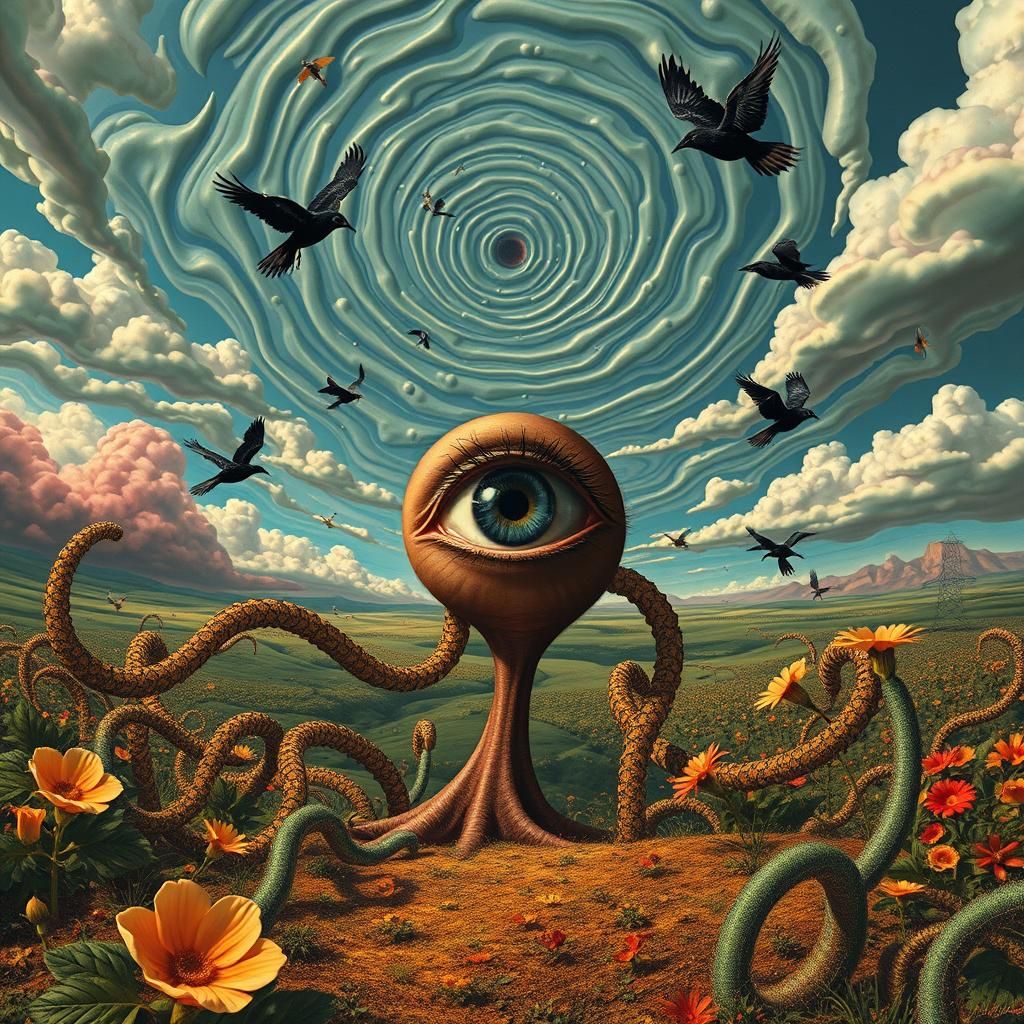 Surreal Landscape with Elastic Flora and Human Eye