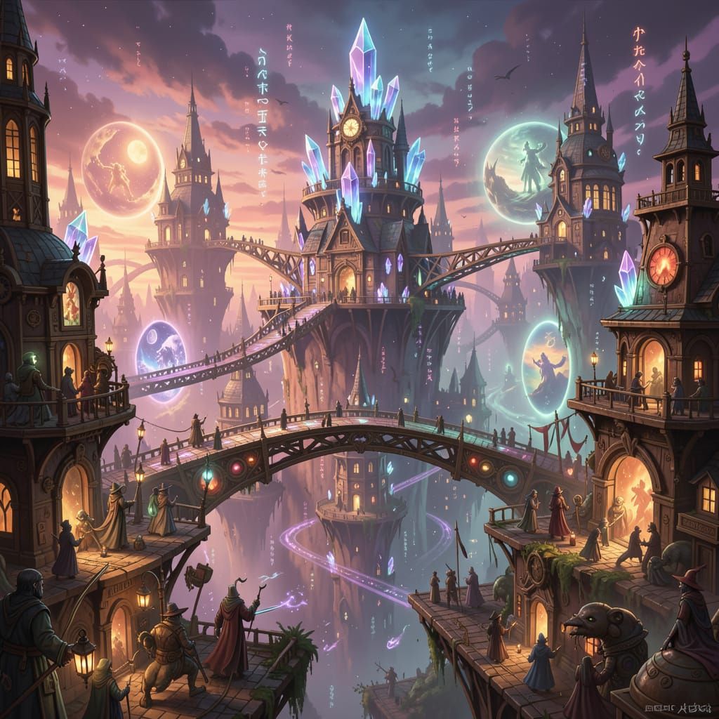 Magical Steampunk City with Floating Islands and Arcane Brid...